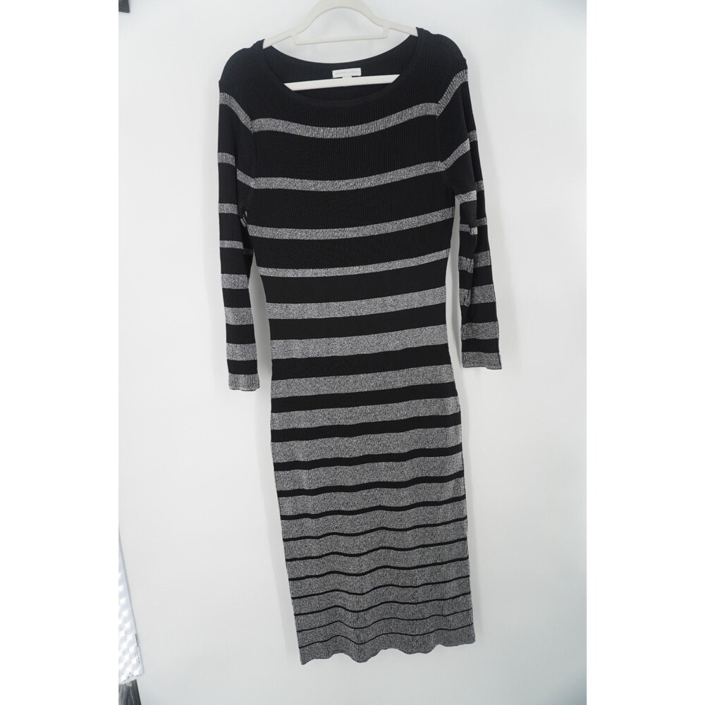 New York & Company Striped Ribbed Sweater Dress Shimmer Knit Bodycon Midi Sz XL